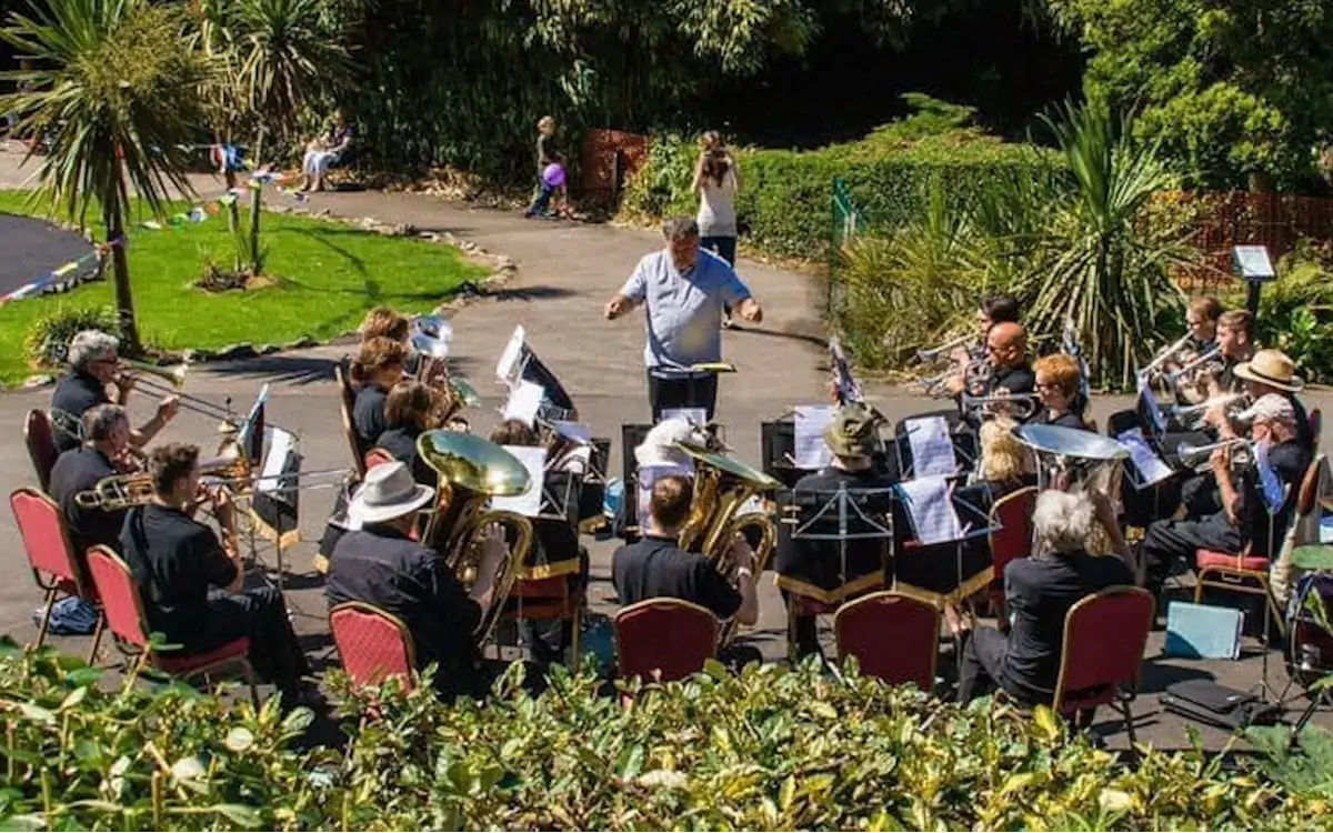 Briton Ferry Silver Band playing an outdoor concert at Victoria Gardens, Neath
